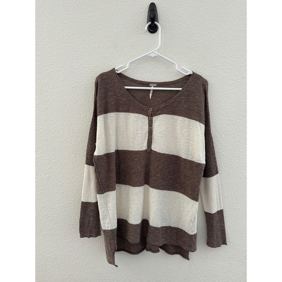 Free People Sweaters - Free People Beach Brown Striped Linen Blend Henley Long Sleeve Top Size Small